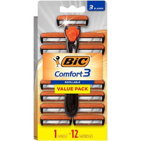 BIC Hybrid 3 Comfort Disposable Razors for Men, 1 Handle and 12 Cartridges With 3 Blades, 13 Piece Razor Kit for Men