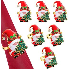 Merry Christmas Napkin Rings Gnome Napkin Holders Gold and Red Alloy Rhinestone Metal Xmas Letter Napkin Rings for Christmas Dinner Home Table Settings Kitchen Decorations(6 Pcs, Bright)