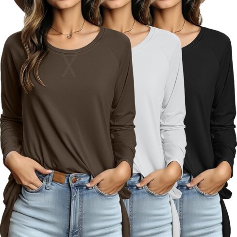 Ficerd 3 Pack Women's Long Sleeve Shirts, Loose Fit Tshirts Casual Sweatshirts Crew Neck Tunic Tops Side Split Pullover Tees in Saudi Arabia