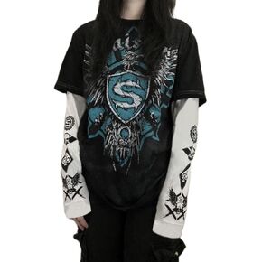 Goth Shirt Gothic Shirt Fake Two-Piece Alternative Clothing Goth Long Sleeve Top Grunge Clothes