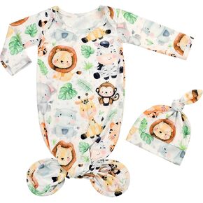 Giggle Angel Newborn Baby Sleeper Gown Knotted Gown Baby Girl Boy Coming Home Outfits 2-Piece Gown and Hat Set 0-3 Month