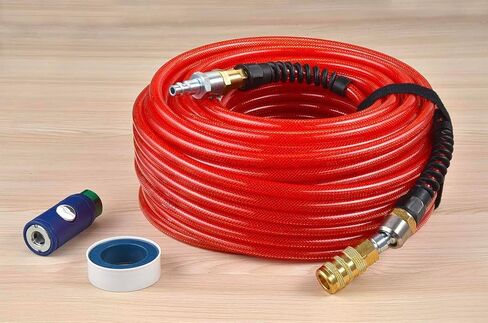 Air Compressor Hose 1/4 Inch x 100 Feet Flexible Reinforced Smooth Polyurethane(PU) Air Hose 300PSI, Non-Kinking Design, 1/4" 360 Swivel Brass Coupler and Plug,1PCS Safety Coupler, Blue in Saudi Arabia