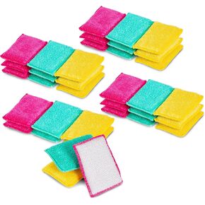 Smart Design Scrub Sponge with Bamboo Odorless Rayon Fiber - Set of 9 - Ultra Absorbent - Soft and Metallic Scrub - Cleaning, Dishes, and Hard Stains - Kitchen - Heavy Duty - Yellow, Green, Pink
