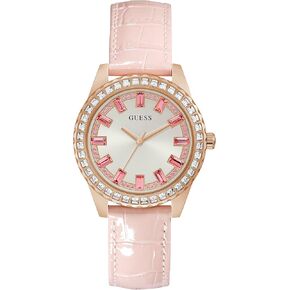 GUESS Women's Stainless Steel Quartz Watch with Leather Strap, Pink, 18 (Model: GW0032L2)