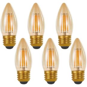 LED Filament Chandelier Bulb 4W, Vintage Classic Edison Style, E26 Standard Base Amber Glass Light Bulbs, Gold Tint Flame Tip, 40W Equivalent, Ultra Warm White 2200K, Pack of 6