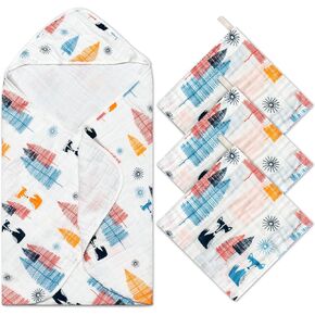 Zainpe 4Pcs Muslin Baby Hooded Towel & Washcloth Set Grey Soft Absorbent Bath Towels Cotton Hand Towels Infant Shower Gifts for Newborn Toddler Boys Girls Feeding Teething Sleeping 31.5 X 31.5 in
