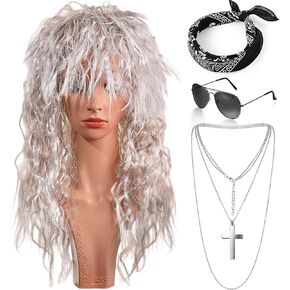 4 Pieces 80s Rocker Costume Men Women Accessories, 80s Disco Rocker Wig Set Long Curly Wig, Bandana Headband Retro Sunglasses Cross Necklace for Halloween 80s Punk Retro Party Cosplay