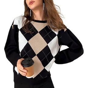 Women/Teen Girls Trendy Argyle Plaid/Heart Knit Sweater Pullover Long Sleeve Y2K Sweater Top Shirt Soft Stretchy Winter