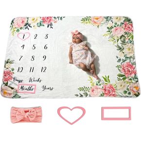 Baby Milestone Blanket for Baby Girl - Monthly and Year Age Blankets with Number Chart - Including Headband and Frames - Blanket Size 60"x40" - Floral Theme