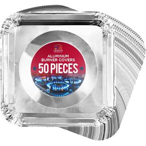 Burner Covers for Electric Stove by Linda’s Essentials (50 Pack) | Disposable Aluminium Stove Burner Liners | Round Foil 6 and 8 Inch Burner Bibs Keep Electric Range Stove Clean From Oil and Food