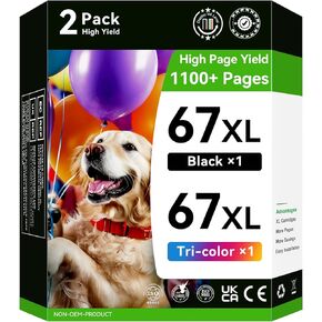 67XL Ink Cartridges Black Color Combo Pack, P𝗶tooler Compatible for HP Ink 67 Compatible for DeskJet 2755e 2855e 2700 4155e 2800e 2700e 2734e 4255e Compatible for Envy 6055e 6000 6455e Printer