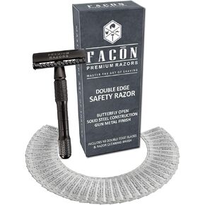 50 BLADES + Facón Vintage Long Handle Double Edge Safety Razor - Platinum Japanese Stainless Steel Blades - Butterfly Open Shaving Razor for Smooth Wet Shaving Experience - 200+ Shaves
