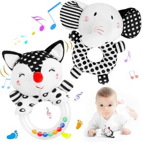 FPVERA Baby Soft Rattles Shaker: Infant Developmental Hand Grip Baby Toys, High Contrast Black and White Newborn Sensory Toys Rattle Toy 0 3 6 9 12 Months for Babies Boys Girls Shower Gift, 2PCS