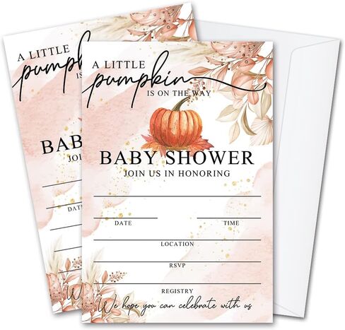 Fall Little Pumpkin Baby Shower Hello Baby Invitations Sweet Pumpkin، أوراق الخريف، موضوع الخريف، حزمة من 20 بطاقة دعوة مملوءة و20 ظرفًا، 4 بوصة × 6 بوصة، تكشف عن الجنس محايدة - JY051 in Kuwait