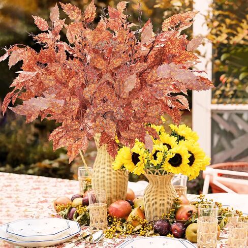3 قطع من سيقان أوراق الأوكالبتوس الصناعية، 99.7 سم وهمية من أوراق الأوكالبتوس الخريفية للمنزل وحفلات الزفاف والمكتب وعيد الشكر لتزيين الطاولة المركزية (برتقالي أحمر أصفر) in Kuwait