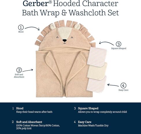 Gerber Baby 4 Piece Animal Character Hooded Towel and Washcloth Set, Blue Shark, One Size in Kuwait