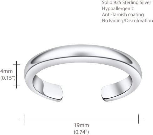 Hoops & Loops 925 Sterling Silver High Polished Tarnish Resistant Hypoallergenic Plain Simple Minimalist Open Toe Ring for Women Men Teen Girls, Silver, Yellow Gold, Rose Gold, Black in Kuwait