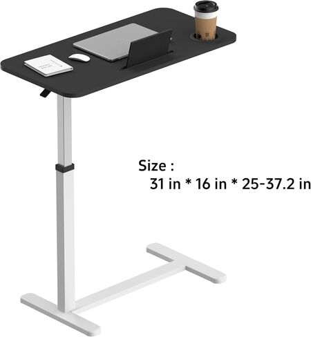 Overbed Table,Movable Standing Desk with Swivel Hidden Wheels & 32" L x 18" Tabletop,Laptop Desk with Cup Holder Adjustable Height Rolling Computer Cart for Home and Hospital Use,Black in Saudi Arabia