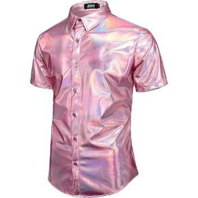 JOGAL Men's 70s Disco Shiny Metallic Gold Silver Short Sleeve Button Down Shirts in Saudi Arabia