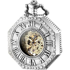 BOSHIYA Mens Vintage Skeleton Pocket Watch Steampunk Windup Half Hunter Mechanism Gear Cover with Chain