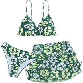 COZYEASE Girls' 3 Piece Set Floral Print Bikini Swimsuit with Drawstring Beach Skirt Cute Ruched Bathing Suit