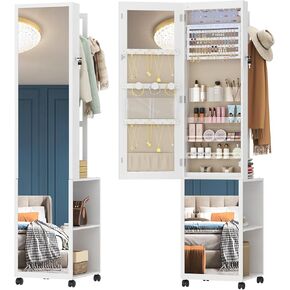 Hzuaneri 8 LEDs Jewelry Cabinet Armoire, 64.8-inch Jewelry Organizer with 1 Garment Rack, Lockable Full-length Mirror with 4 Wheels, Storage Shelves with Hooks, 5-in-1 Multifunctional, White JC17003B