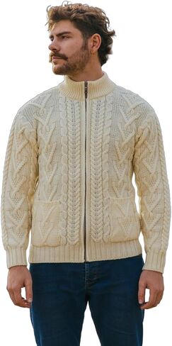 100% Merino Wool Men's Zipper Cable Knit Winter Warm Cardigan Sweater with Pockets in Charcoal/Army Green in Kuwait