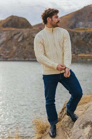 100% Merino Wool Men's Zipper Cable Knit Winter Warm Cardigan Sweater with Pockets in Charcoal/Army Green in Kuwait