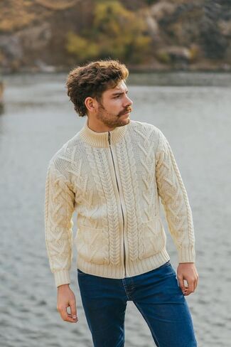 100% Merino Wool Men's Zipper Cable Knit Winter Warm Cardigan Sweater with Pockets in Charcoal/Army Green in Kuwait