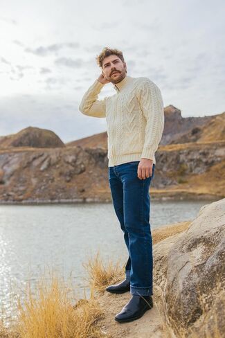 100% Merino Wool Men's Zipper Cable Knit Winter Warm Cardigan Sweater with Pockets in Charcoal/Army Green in Kuwait