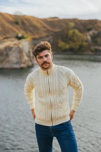 100% Merino Wool Men's Zipper Cable Knit Winter Warm Cardigan Sweater with Pockets in Charcoal/Army Green in Kuwait
