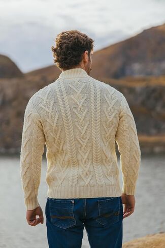 100% Merino Wool Men's Zipper Cable Knit Winter Warm Cardigan Sweater with Pockets in Charcoal/Army Green in Kuwait