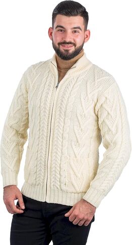 100% Merino Wool Men's Zipper Cable Knit Winter Warm Cardigan Sweater with Pockets in Charcoal/Army Green in Kuwait