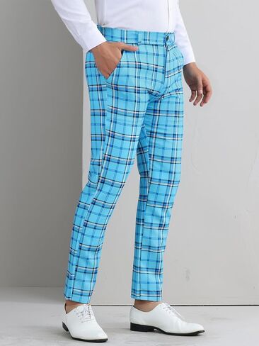 Lars Amadeus Men's Plaid Pants Regular Fit Flat Front Classic Elastic Waist Suit Pants in Kuwait