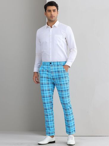 Lars Amadeus Men's Plaid Pants Regular Fit Flat Front Classic Elastic Waist Suit Pants in Kuwait