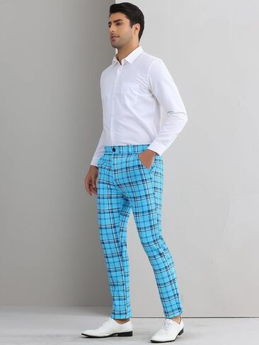 Lars Amadeus Men's Plaid Pants Regular Fit Flat Front Classic Elastic Waist Suit Pants in Kuwait