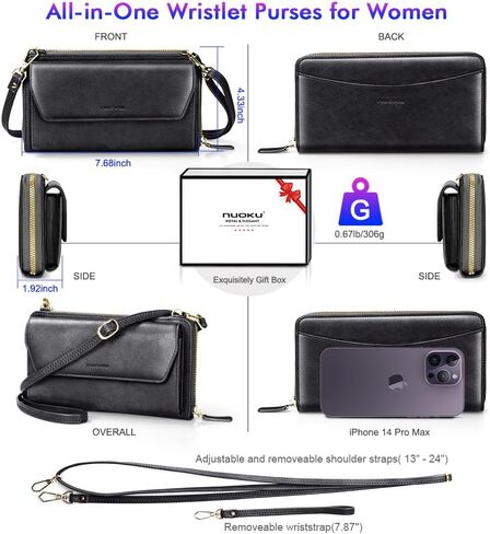 nuoku Womens RFID Wallet Purse Wristlet Crossbody Clutch with Zip Around 2 Strap in Kuwait