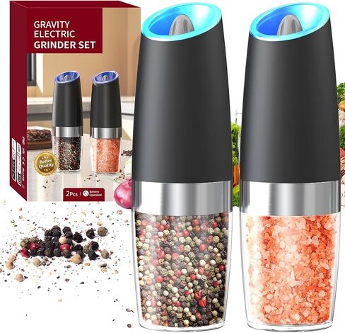 CIRCLE JOY Gravity Electric Salt and Pepper Grinder Set Rechargeable Salt and Pepper Grinder Set with LED Light, No Battery Needed, Adjustable Coarseness, Washable 135ml Container, Black in Saudi Arabia