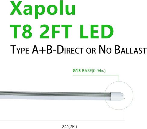 2FT T8 LED Type A+B Tube Lights 15W 2100lm, 24inch 5000K Daylight Light Bulbs, F20T12/F17T8 Fluorescent Replacement, Ballast Compatible or Bypass, Dual-Ended, Frosted Lens, DLC&UL Listed in Saudi Arabia