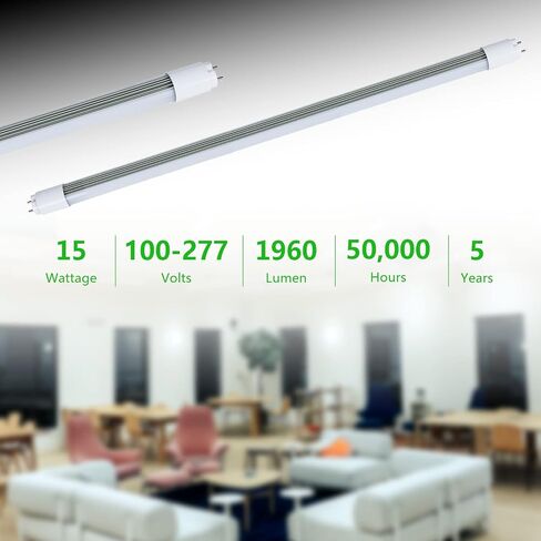 2FT T8 LED Type A+B Tube Lights 15W 2100lm, 24inch 5000K Daylight Light Bulbs, F20T12/F17T8 Fluorescent Replacement, Ballast Compatible or Bypass, Dual-Ended, Frosted Lens, DLC&UL Listed in Saudi Arabia