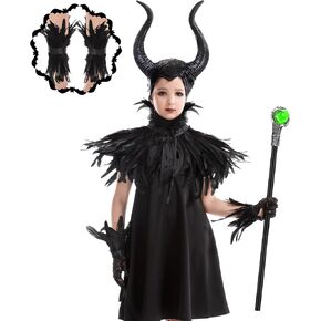 Women's Halloween Maleficent Costume, Gothic Black Crow Darkness Suits with Horn, Staff, Feather Cape Shawl, Feather Long Lace Gloves and Footcovers for Adult Evil Witch Maleficent Queen Cosplay Party