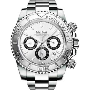 LOREO Mens Automatic Watch Silver Stainless Steel Sapphire Glass Ceramic Bezel Date Military Diving Waterproof Watch