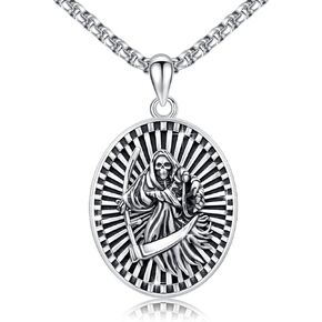 Santa Muerte Necklace for Men, 925 Sterling Silver Grim Reaper Necklace Oxidation Grim Skull with Scythe Pendant Skull Jewelry Gift for Birthday Christmas