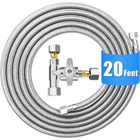 Fridge Water Line Kit - 20FT Premium Stainless Steel Braided Refrigerator Water Line with Tee Stop Valve,Foodgrade PEX Inner Tube Ice Maker Water Line with 1/4" Fittings for Refrigerator Ice Maker
