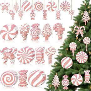 Barydat 96 Pcs Christmas Glitter Candy Ornaments Candy Cane Ornaments Lollipop Hanging Ornaments Wood Candy Decor Christmas Ornaments Xmas Peppermint Cutouts for Home Xmas Tree Party Holiday Favor