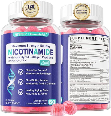 Nicotinamide 500mg Filled Gummies, (Flush Free Niacin) Vitamin B3 Niacinamide w/Collagen Peptides, Hyaluronic Acid, Keratin & Biotin for Healthy Aging, Improve NAD+ Level, 0g Sugar, 60Cts in Saudi Arabia