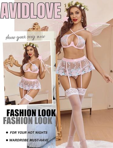 مجموعة ملابس داخلية Avidlove Garter للنساء مع طقم ملابس داخلية من الدانتيل مكون من 3 قطع من الدانتيل، مجموعة ملابس داخلية رافعة بخصر مرتفع in Kuwait