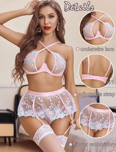 مجموعة ملابس داخلية Avidlove Garter للنساء مع طقم ملابس داخلية من الدانتيل مكون من 3 قطع من الدانتيل، مجموعة ملابس داخلية رافعة بخصر مرتفع in Kuwait