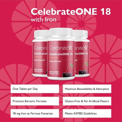 Celebrate Vitamins CelebrateONE 18 Chewables, 18mg Iron - One A Day Bariatric Multivitamin, Essential Vitamins & Minerals - Gastric Bypass & Sleeve Gastrectomy Supplement - Black Cherry (30 Tablets) in Kuwait
