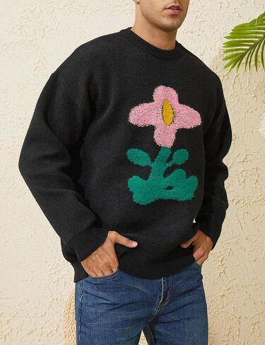 Yimoon Men's Cow Graphic Sweaters Oversize Cable Knitted Pullover Jumper in Saudi Arabia